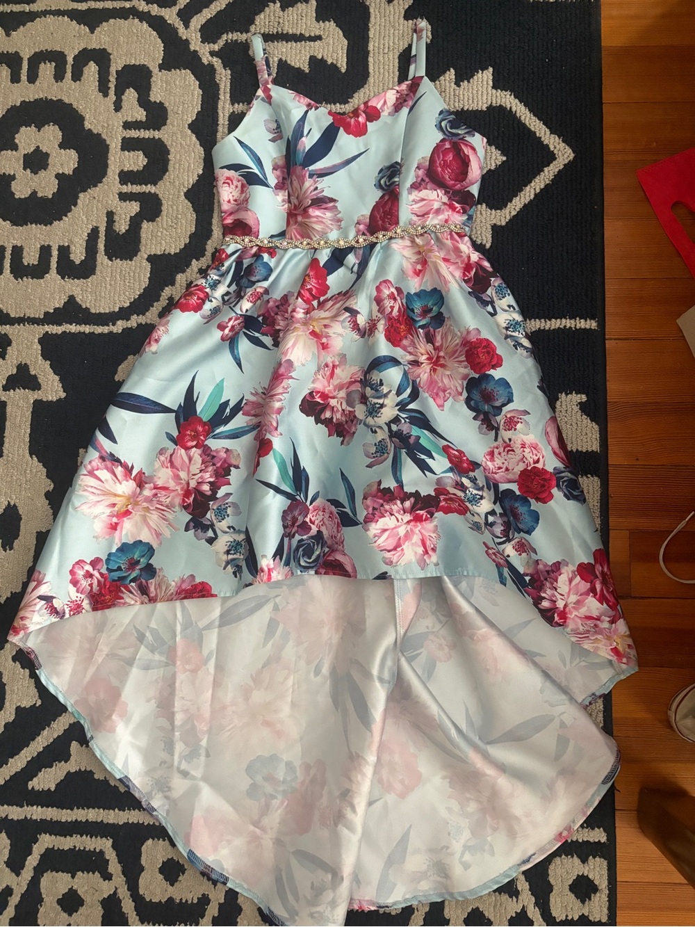 Rare Editions Light Blue Floral High-Low Dress with Pink Accents